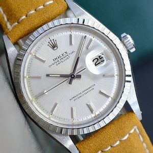 ROLEX MENS DATEJUST WATCH STEEL SILVER DIAL ENGINE TURNED BEZEL LEATHER BAND